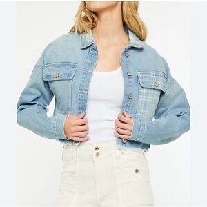 KanCan Cropped Raw Hem Plaid Contrast Blue Denim Jean Jacket XL